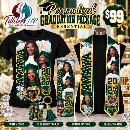Personalized Graduation Package – Essential | Shirt, 20 oz Tumbler, Keychain & Stole